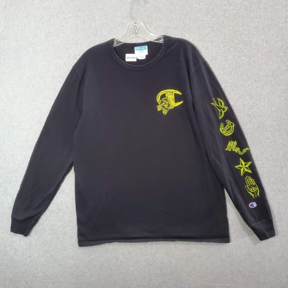 Champion Men Shirt Large Black Logo Symbols Long Sleeve Crew Neck Tee